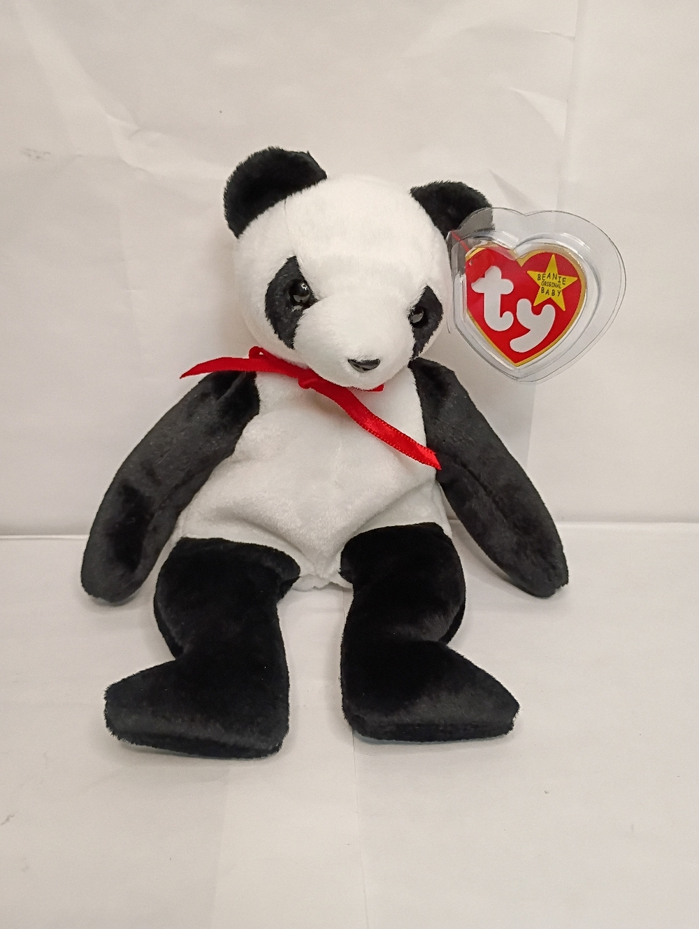 Ty Black and White Panda Plush with Red Ribbon